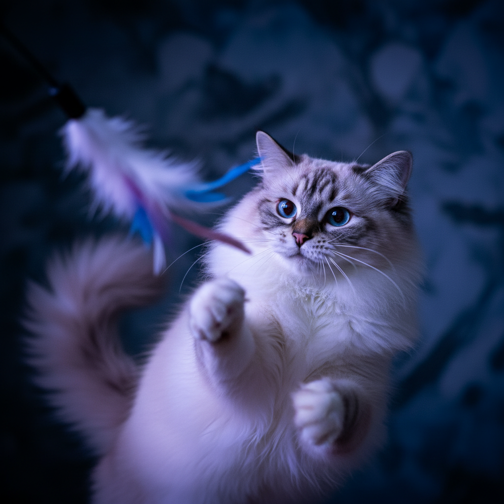 Hyperrealistic Ragdoll cat with feather toy
